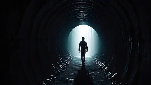 Silhouette of a man on the edge of the wood tunnel looking down. Silhouette in a subway tunnel.