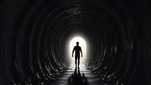 Silhouette of a man on the edge of the wood tunnel looking down. Silhouette in a subway tunnel.