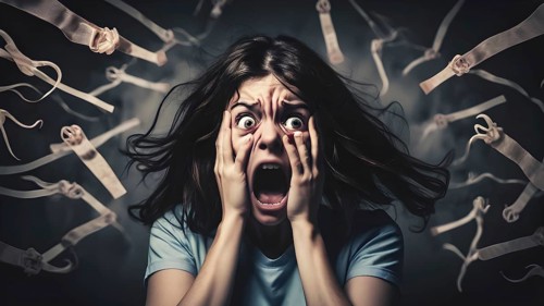 Panic disorder, Psychology, solitude, fear or mental health problems concept. Depressed Person