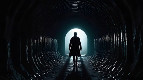 Silhouette of a man on the edge of the wood tunnel looking down. Silhouette in a subway tunnel.
