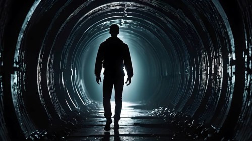 Silhouette of a man on the edge of the wood tunnel looking down. Silhouette in a subway tunnel.