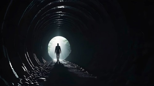Silhouette of a man on the edge of the wood tunnel looking down. Silhouette in a subway tunnel.