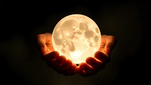 Hand grabbing the moon at night. Round full moon in hands against evening sky. Lunar model, AI