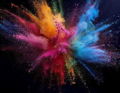 A colorful explosion powder on black background.. Multicolored powder explosion, AI generated