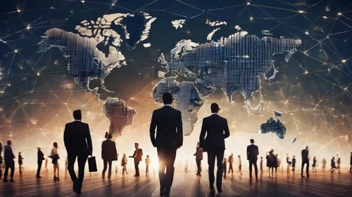 International business partnership. Business people standing silhouette on world map background,