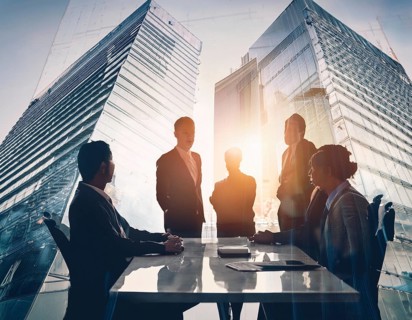 Double exposure image of business people with a modern city. Concept of teamwork, AI generated