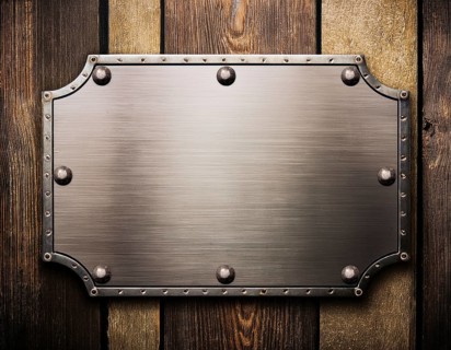 Metal plaque with a brush texture and screws. Shiny brushed metal plate with screws, AI generated