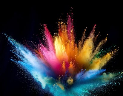A colorful explosion powder on black background.. Multicolored powder explosion, AI generated