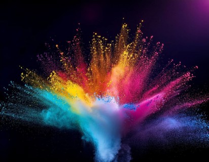 A colorful explosion powder on black background.. Multicolored powder explosion, AI generated