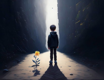 A dark canyon with a child standing near a blooming yellow flower, symbolizing hope in solitude, AI
