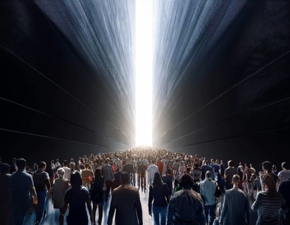 A large group of individuals moving toward a bright, glowing light in a narrowwall passage,
