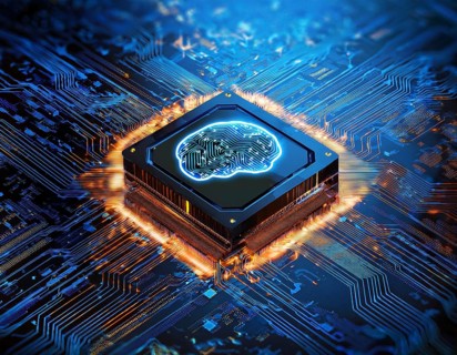 Visual representation of a modern circuit board with a glowing embedded processor, signifying