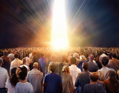 A large group of individuals moving toward a bright, glowing light in a narrowwall passage,