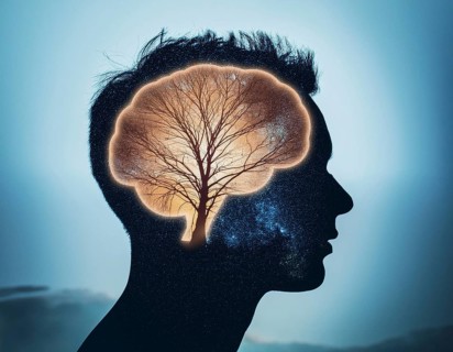 A creative representation of a human head silhouette incorporating an illuminated brain. The image