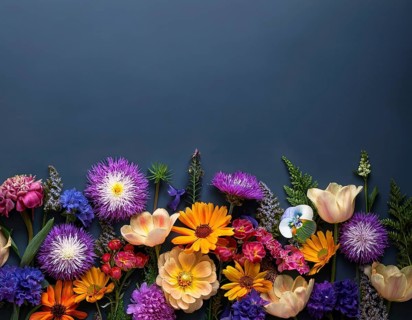 A variety of colorful wildflowers flourish on a hillside against a blurred mountainous backdrop.