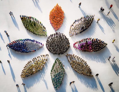 A vibrant aerial perspective of people assembling into petal-like shapes in various colors,