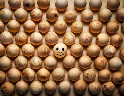 Wooden balls feature faces, one smiling among sad expressions, representing positivity or