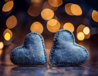 A beautiful heart-shaped denim pillow, symbolizing love and creativity, designed from repurposed