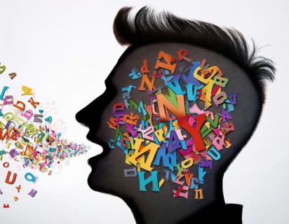 A striking depiction of creativity and communication, showing colorful letters flowing from the