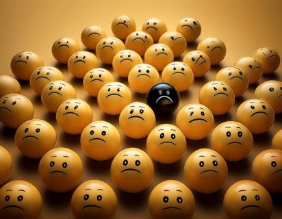 Wooden balls feature faces, one smiling among sad expressions, representing positivity or