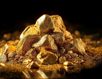 Close-up view of a pile of golden nuggets with a reflective surface, showcasing their natural