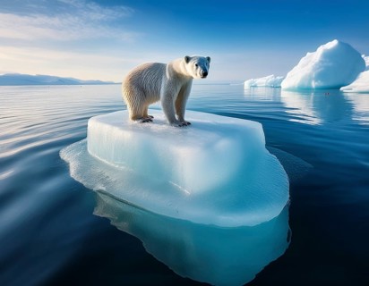 Polar bear is perched on a floating piece of iceberg, surrounded by vast blue waters and under a