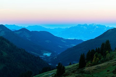 View from the Furkajoch to the Säntis, mountain range, dawn, autumn, Vorarlberg, Austria