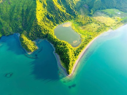 Lagoa do Fogo Lake at Sunrise. Green Lush Hills with Trees. Azores, Sao Miguel Island. Portugal.