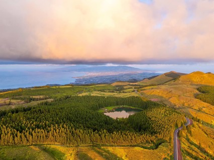 Hills, Forest and Lagoon Canario at Sunset. Atlantic Ocean. Azores, Sao Miguel Island, Portugal.