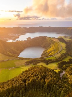 Sete Cidades Massif at Sunset. Blue Lake and Santiago Lake. Forest and Hills. Azores, Sao Miguel