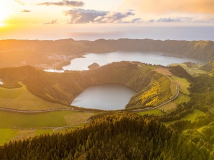 Sete Cidades Caldera at Sunset. Blue Lake and Santiago Lake. Forest and Hills. Azores, Sao Miguel