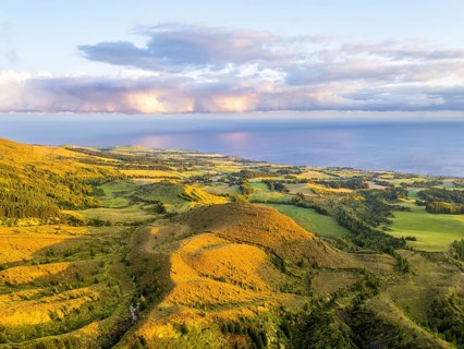 Green Lush Hills, Pasturelands and Trees at Sunset. Atlantic Ocean. Azores, Sao Miguel Island,