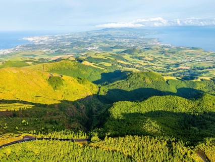 Green Hills, Pasturelands and Forest on Sunny Morning. Atlantic Ocean. Azores, Sao Miguel Island,