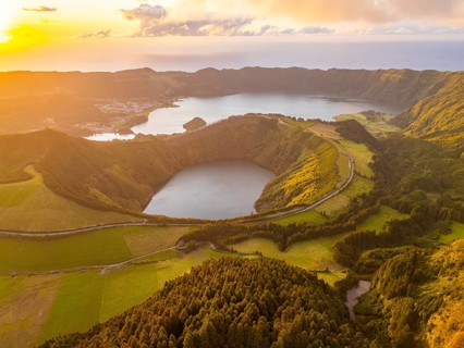 Sete Cidades Massif at Sunset. Blue Lake and Santiago Lake. Forest and Hills. Azores, Sao Miguel