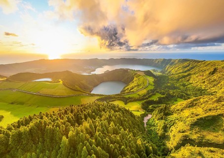 Panorama of Sete Cidades Caldera at Sunset. Blue Lake, Lake Rasa and Santiago Lake. Forest and