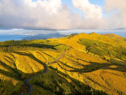 Green Forest Hills at Sunset with Pastureland. Atlantic Ocean. Azores, Sao Miguel Island, Portugal.