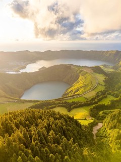 Sete Cidades Massif on Sunny Evening. Blue Lake and Santiago Lake. Forest and Hills with