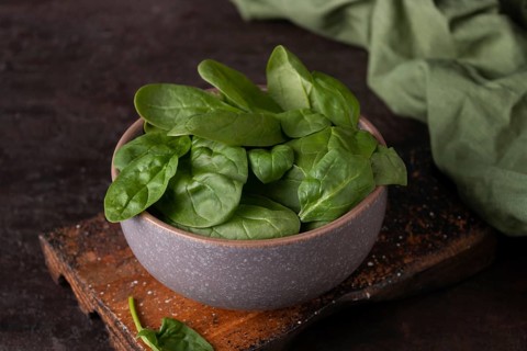 Spinach leaves in a clay cup dark photo