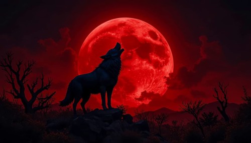 A lone wolf stands silhouetted against a vibrant red moon, howling in a dramatic and surreal