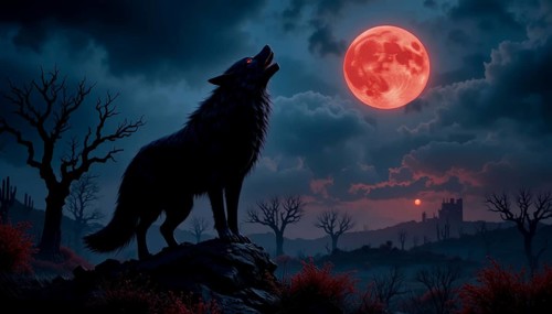 A black wolf stands atop a rock, silhouetted against a dramatic night sky with a large red moon.