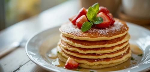 A delicious stack of pancakes is beautifully presented with fresh strawberries, mint leaves, and