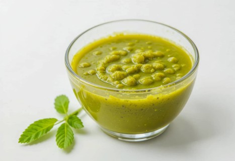 A vibrant image showcasing a bowl of homemade pesto sauce, accompanied by fresh green leaves, set