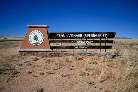 Sign at the entrance to Tsau//Khaeb National Park, diamond restricted area, near Aus, Karas Region,