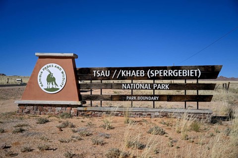 Sign at the entrance to Tsau//Khaeb National Park, diamond restricted area, near Aus, Karas Region,
