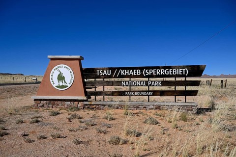 Sign at the entrance to Tsau//Khaeb National Park, diamond restricted area, near Aus, Karas Region,