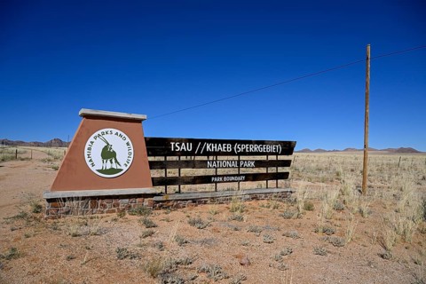 Sign at the entrance to Tsau//Khaeb National Park, diamond restricted area, near Aus, Karas Region,