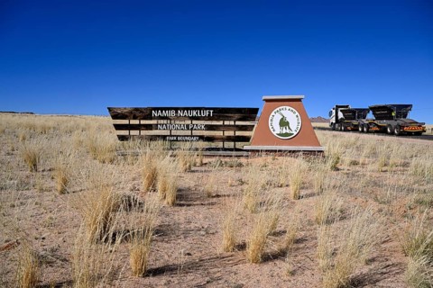 Sign at the entrance to Tsau//Khaeb National Park, diamond restricted area, near Aus, Karas Region,