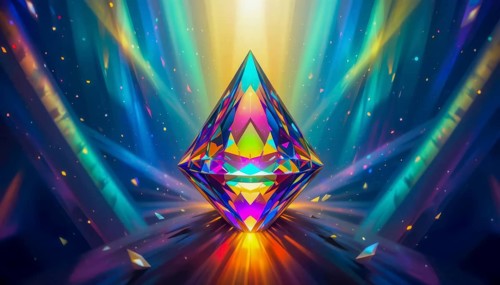 A stunning, radiant diamond is the focal point, surrounded by a mesmerizing display of colorful