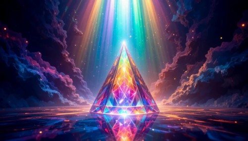 A vibrant, geometric pyramid glows with internal light, surrounded by colorful clouds and beams of