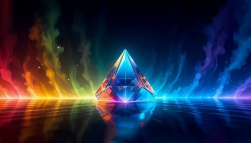 A vibrant, abstract artwork featuring a crystal pyramid reflecting colorful light, creating a